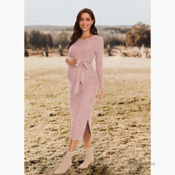 Maternity Sweater Dress Rib Knit Long Sleeve Slit Belted Pregnancy - Picture 2 of 6